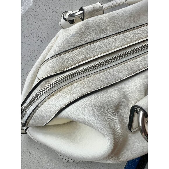 Guess White Leather Perforated Satchel Handbag With Braided Handle 6 tall 10” L - Picture 11 of 16